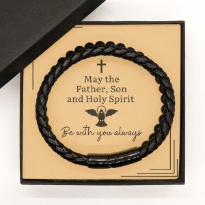 Pulsera de cuero con cuentas de primera comunión. Regalo de bautizo para niño, regalo para nieto. Regalo de Comunión Católica. Joyas con tarjeta de mensaje
