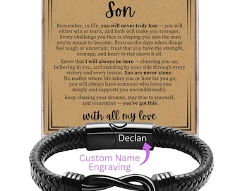 Son Personalized Gift • Custom Name Bracelet with Card • Gift for Him • Birthday Card Gift for Son • Christmas Son Gift • Men's Accessories