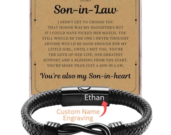 Son-in-Law Personalized Gift, Custom Engraved Name Infinity Knot Bracelet for Son in law, Gift for Him, Gift and Card for Wedding and Family