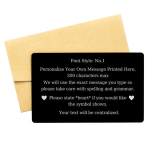 Personalized Message Black Engraved Metal Wallet Card. Gift for Son, Daughter, Grandson, Granddaughter, Boyfriend, Girlfriend, Husband, Wife