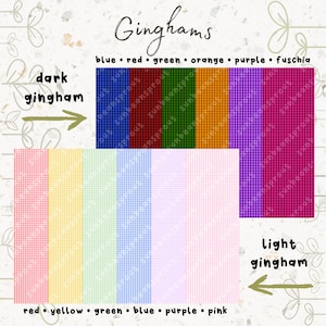May include: A visual guide to different colors of gingham fabric. The top row shows dark gingham in blue, red, green, orange, purple, and fuchsia. The bottom row shows light gingham in red, yellow, green, blue, purple, and pink.