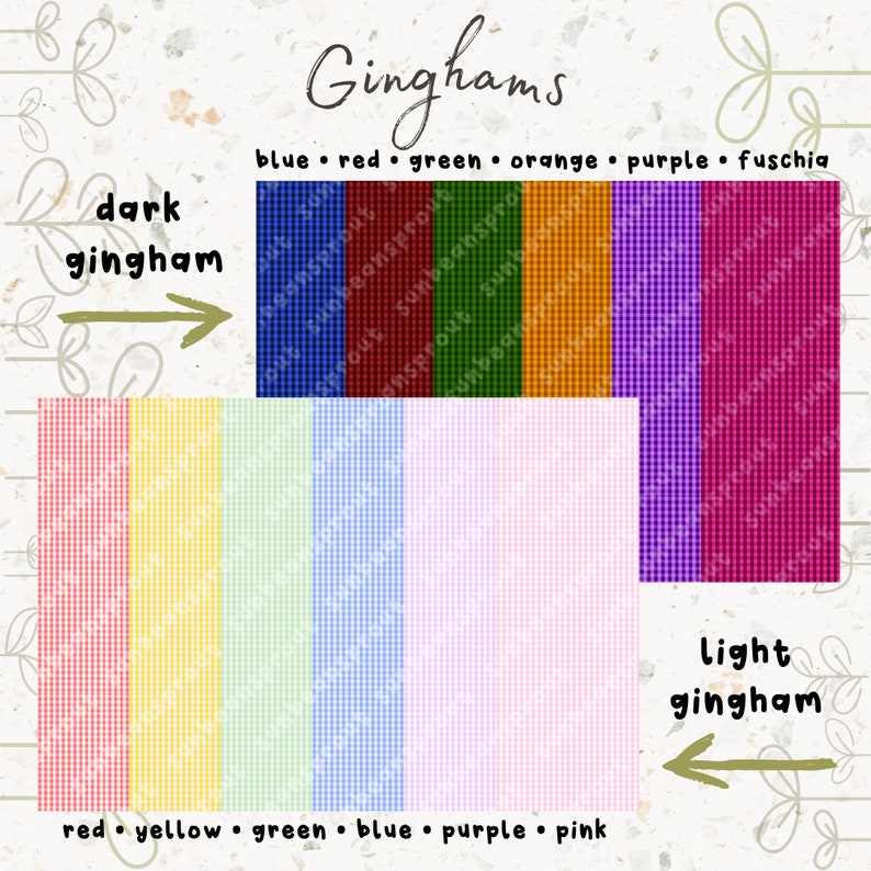 May include: A visual guide to different colors of gingham fabric. The top row shows dark gingham in blue, red, green, orange, purple, and fuchsia. The bottom row shows light gingham in red, yellow, green, blue, purple, and pink.