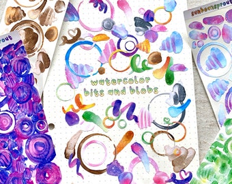 Watercolor Bits Sticker Sheet | Kawaii Journaling Sticker sheet for Deco, Journaling and Bullet Journaling