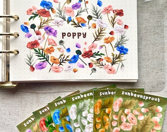 Poppy Flower Deco Seal Sticker Sheet | Kpop and Deco Sticker for Toploader with Korean Seal Sticker for Cute Bujo with Florals and Flower