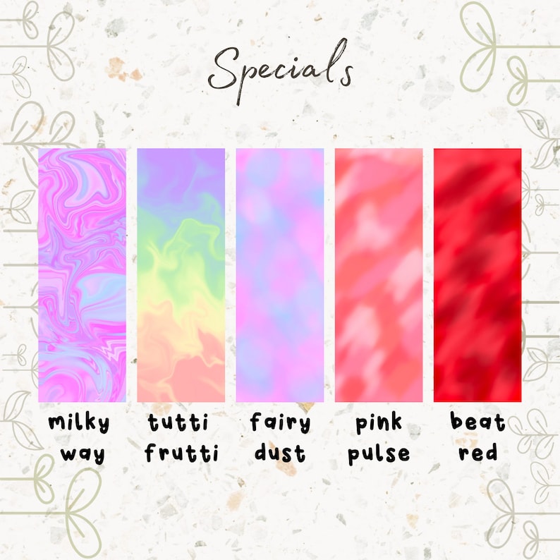 May include: Five digital paper designs with different color schemes and patterns. The designs are named "milky way", "tutti frutti", "fairy dust", "pink pulse", and "beat red".