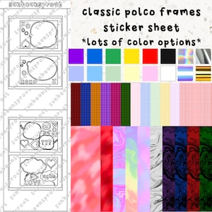 May include: A sticker sheet with a variety of colorful frames and patterns. The frames are in a classic polco style and include options like checkered, striped, and marbled. The text on the sheet reads "classic polco frames sticker sheet *lots of color options*"