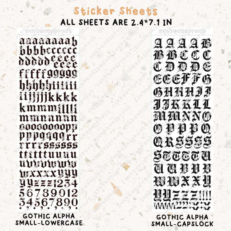 May include: Two sticker sheets with black gothic alphabet letters and numbers. The first sheet features lowercase letters and numbers. The second sheet features uppercase letters and numbers. Both sheets are 2.4 by 7.1 inches.