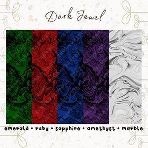 May include: Five digital paper swatches with a marbled pattern. The swatches are labeled "emerald", "ruby", "sapphire", "amethyst", and "marble". The colors are green, red, blue, purple, and gray.