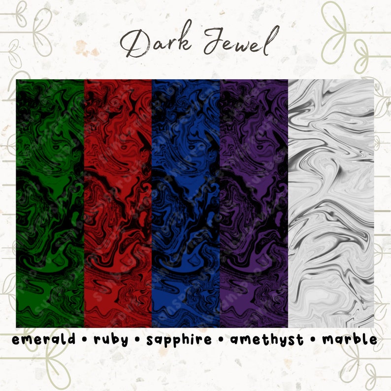 May include: Five digital paper swatches with a marbled pattern. The swatches are labeled "emerald", "ruby", "sapphire", "amethyst", and "marble". The colors are green, red, blue, purple, and gray.