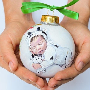 Baby portrait ornament Christmas gift for new parents Child painted from photo Handmade Gift