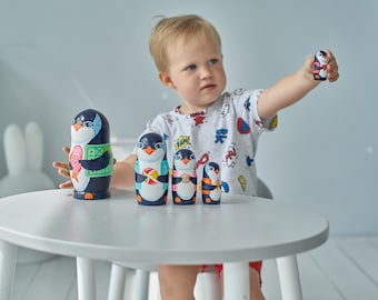 Hand Painted Penguin Nesting Dolls, Ukrainian Stacking Toy
