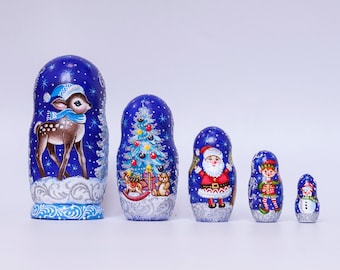 Poupées gigognes de Noël Matriochka, rennes, père Noël, bonhommes de neige, poupées gigognes en bois peintes à la main, cadeau premier Noël ukrainien pour bébé