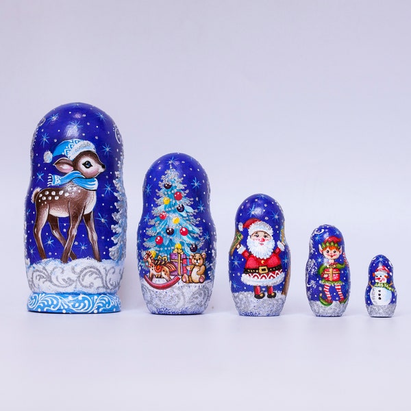 Christmas nesting dolls Matryoshka doll Reindeer Santa Elf Snowmen wooden hand painted nesting dolls Ukrainian First Christmas baby gift