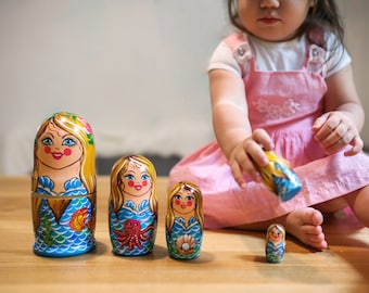 Hand bemalte Meerjungfrau verschachteln , Babuschka Holzspielzeug