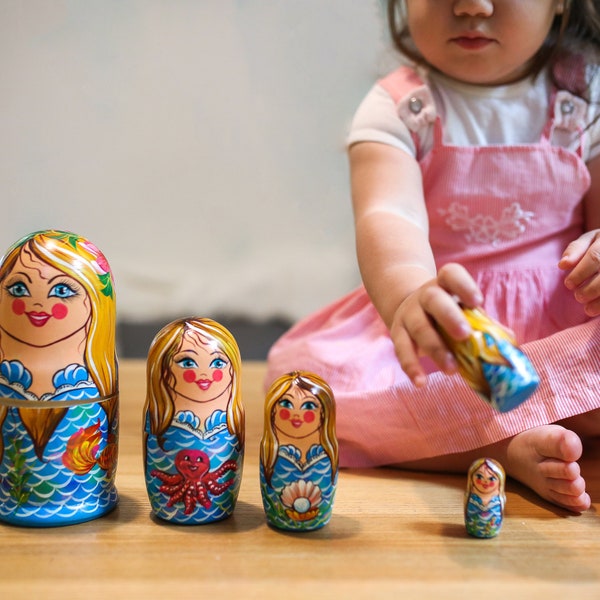 Mermaid Nesting Dolls Baby Girl Birthday Gift Idea, Easter Gift for Girl Hand Painted Wood Matryoshka, Babushka Doll, Kids Stacking Toy