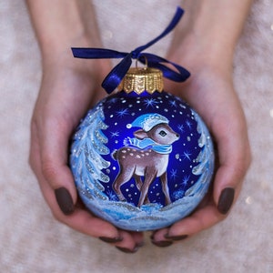 Baby 1st Christmas Hand Painted Glass Ornament, Reindeer Bauble Personalise First Christmas Baby Boy Ornament Xmas Gift, Free Gift Box