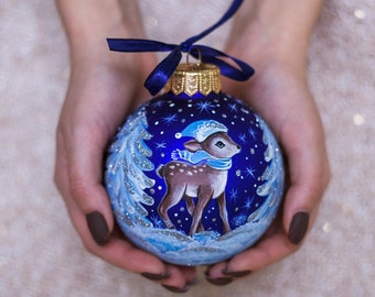Baby 1st Christmas Hand Painted Glass Ornament, Reindeer Bauble Personalise First Christmas Baby Boy Ornament Xmas Gift, Free Gift Box