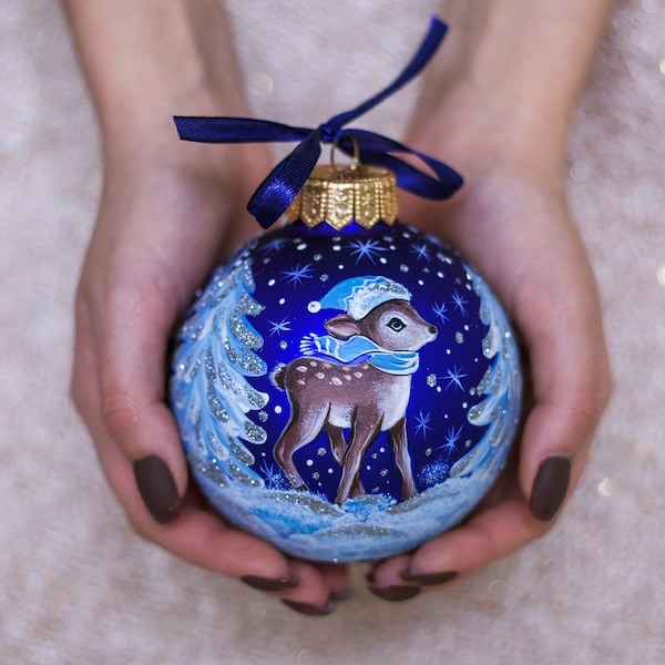 Baby 1st Christmas Hand Painted Glass Ornament, Reindeer Bauble Personalise First Christmas Baby Boy Ornament Xmas Gift, Free Gift Box