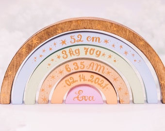 Custom Montessori toy Stackable rainbow Birth info rainbow decor Nursery decoration New baby gift New mom gift Personalized wooden stacker