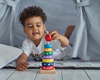 Baby Arrival Wooden Stacking Toy - Personalized wooden pyramid with baby birthday info - Custom nursery decor - New parents Christmas gift