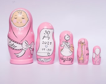 Poupées gigognes pour l&#39;arrivée de bébé, souvenir de petite fille, matriochka de chambre d&#39;enfant, cadeau de faire-part personnalisé pour bébé, cadeau personnalisé pour nouveau-né fille