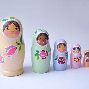 Pale Dark skin complexion nesting dolls -  Floral Nesting Doll 5 pcs 3 psc - Matryoshka - Birthday gift for girl - Traditional Babushka Doll