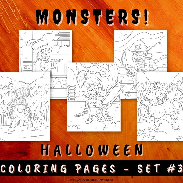 Monsters! 5 Coloring Pages, Coloring for Kids, Printable, Pumpkin Head, Scarecrow, Pirate, Killer Doll and Chinese Zombie Vampire “Jiangshi”