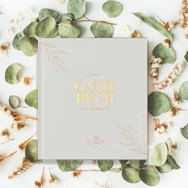 LEAF & GOLD® Gästebuch Hochzeit I Edles Hochzeitsgästebuch mit Fragen I Gästebuch zum Ausfüllen mit Goldfolienprägung