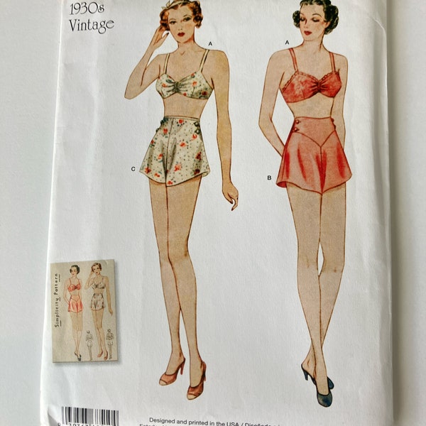 Sewing Pattern Simplicity S8510, 1930s sewing pattern reproduction, women’s underwear, sewing pattern, bra and panties set, tap pants