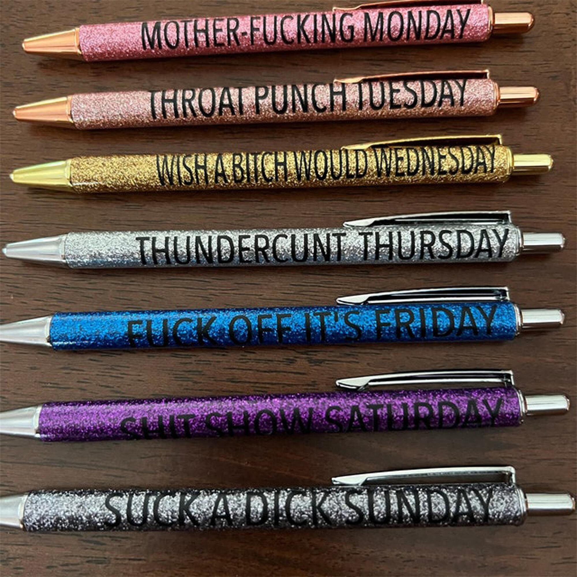 Days of the Week Metal Pens, Funny Mature Adult Humor Black Ink Metal  Writing Pens, Set of 7 pens