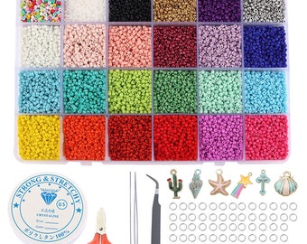 21600pcs 2mm Glass Seed Beads for Bracelet Making Kit, Beads Assortments Kit  for Adults Girls, Small Beads Craft Set With Charms Pendants 