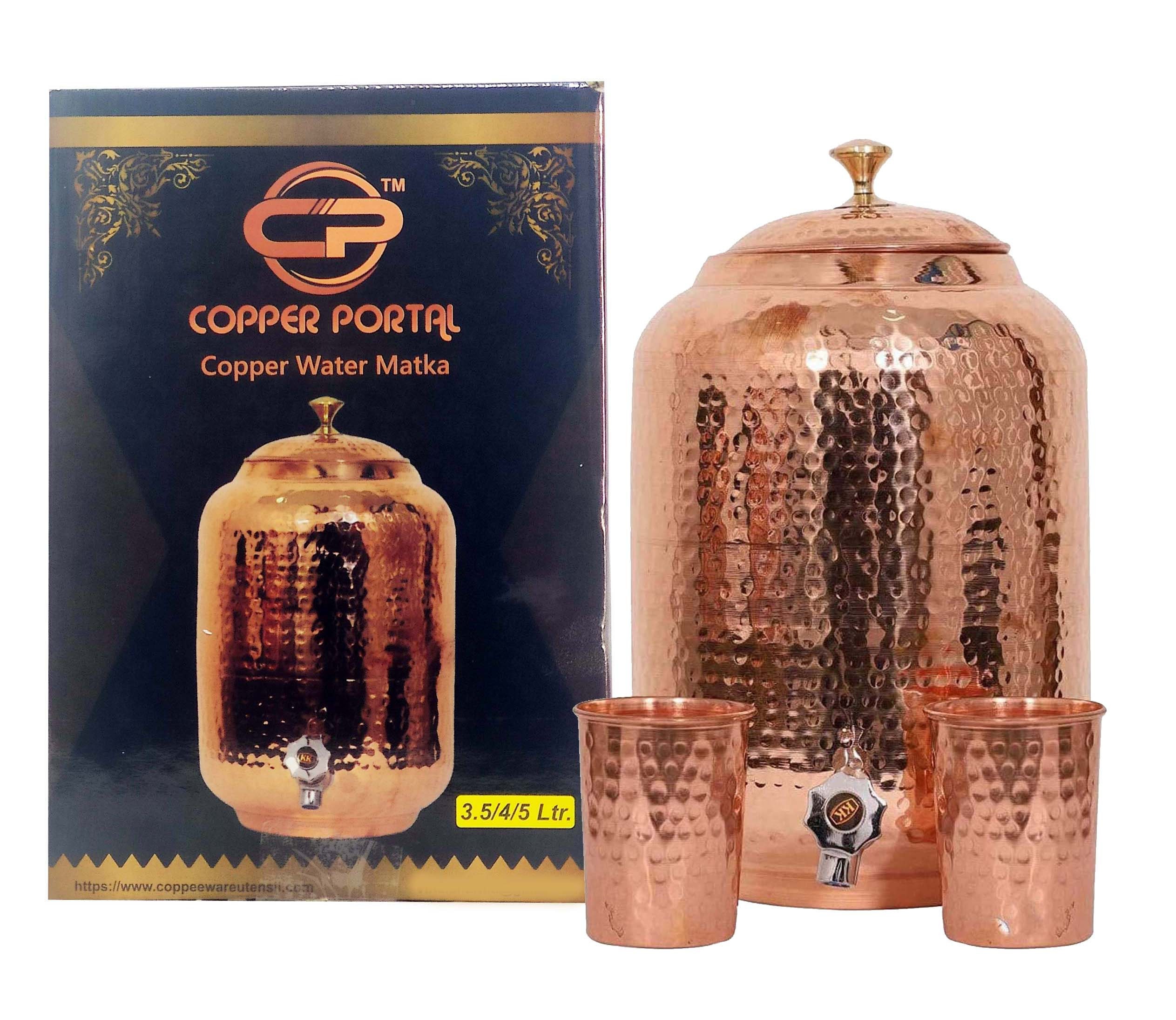 Copper Portal 5 Litre Hammered Copper Water Dispenser Container Pot With 2  Glass 300ml and Stand 5000 Ml Bottle 700 ML 