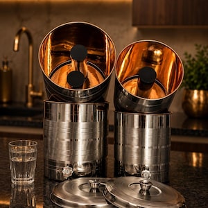 Könnte beinhalten: Ein Satz Wasserfilter aus Edelstahl mit kupferfarbenen Innenräumen und schwarzen Komponenten. Das Set enthält zwei obere Kammern, zwei untere Kammern und zwei Deckel. Ein Glas Wasser steht links von den Filtern.