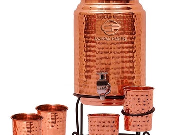 Pure Copper Water Matka Dispenser Pot Tank Container with 4 Copper Glasses and 1 Iron Stand - 5 Litre