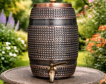 Pure Copper Barrel Water Pot: Dotted Hammered Antic Finish 5 Liter Hydration Vessel