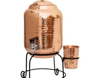 5 Litre Hammered Copper Water Dispenser (Matka) Container Pot with Pure Copper Glasses Pure Copper (5000 ml + 600 ml)