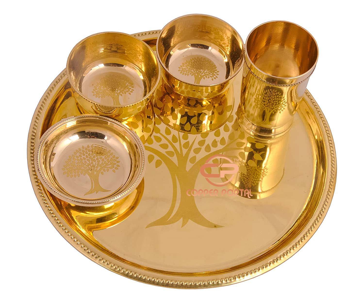 Pure Brass Thali Set Dinner Set Laser Flowers Design 5 Pieces Pital Brass  Dinnerware Set, for Gifting Diwali Special 