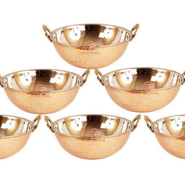 Handmade Stainless Steel Copper Dish Serving Indian Food Daal Curry Set of 6 Karahi Kadai Wok Bowl Vegetable Serving Restaurant Gift Item