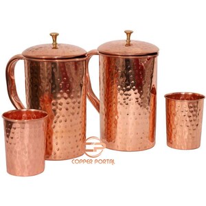 Luxury Hammered Finish Copper Pitcher/Jug Pot Vessel Jar with lid & Copper Cups Tumbler- 55 fluid ounces Pack of 2 Jug 2 Glass