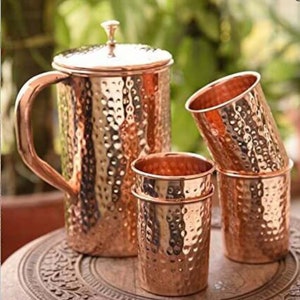 100% reiner Kupferbecher-Krug und Kupferbecherglas-Set Hochwertiges Kupfer-Jubiläumsgeschenkpaket Jug With 4 Glasses