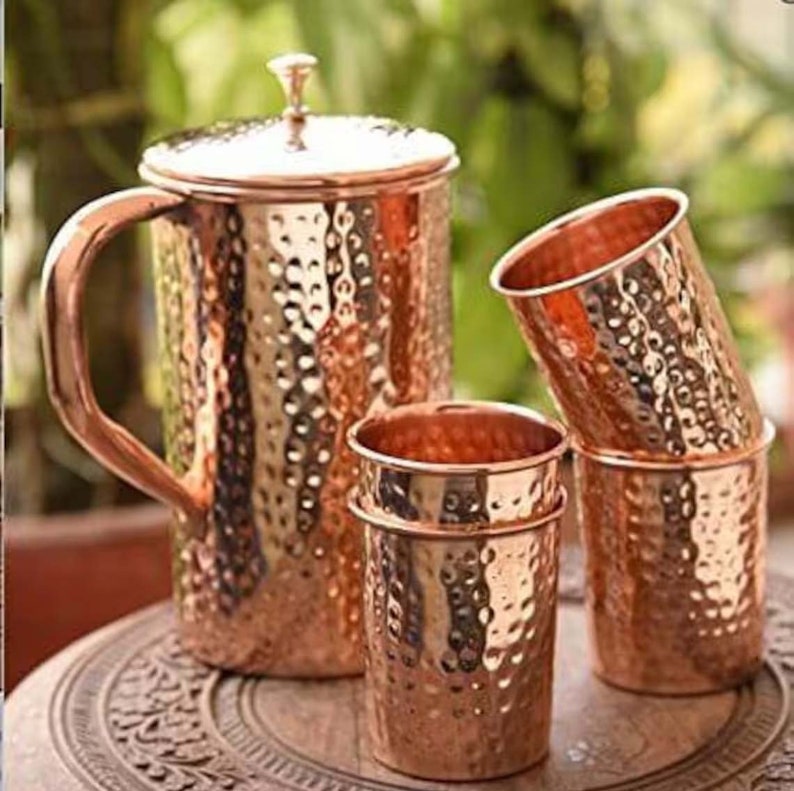 100% Pure Copper Tumbler Jug Pitcher and Copper Tumbler Glass Set High quality Copper Aniversary gift pack Jug With 4 Glasses