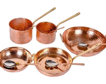 Pure Copper Cookware Set 5 Piece Set (Copper Sauce Pan Set | Copper Kadhai Set | Copper Fry Pan) with Brass Handle for Cooking Purpose