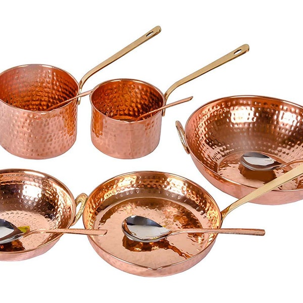 Juego de utensilios de cocina de cobre puro, juego de 5 piezas (juego de sartenes de cobre/juego Kadhai de cobre/sartén de cobre) con mango de latón para cocinar