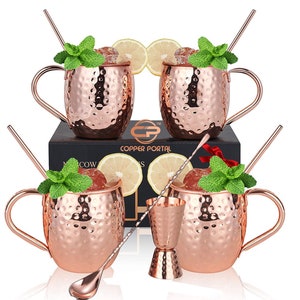 Moscow Mule Copper Mugs - Set of 4-100% Solid Mugs, Gift set with 4 Straws, 1 Stirring Spoon, 1 Copper Jigger