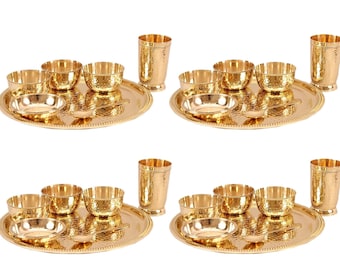 Brass 7 Pieces Engraved Designer Dinner Thali Set, Dinnerware & Serveware, dinner set Golden Heavy Weight High Quality