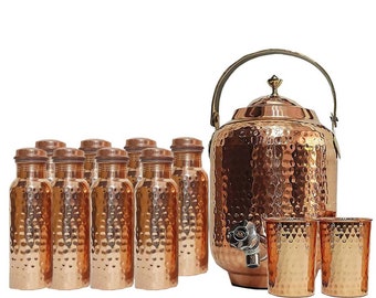 Indina Handmade Hammered Copper Water Dispenser Container Pot Matka with Handle and Matching Hammered  Water  Bottle with 2 Matching Glass