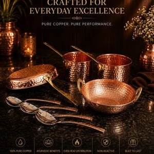 May include: Copper cookware set with hammered texture, including pots, pans, and serving spoons. The image features text that reads "Crafted for Everyday Excellence" and "Pure Copper. Pure Performance."