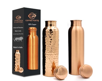 Copper Water Bottle 2 Pack I Bottle Bundle I 1 Sleek Water Bottle 1 Hammered Copper Water Bottle I Extra Large 32oz Copper Vessel