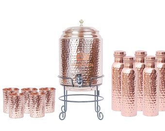 11 Litre Hammered Copper Water Dispenser (Matka/Pot) Container Pot with Stand & Bottle ,Pure Copper  (8000 ml)