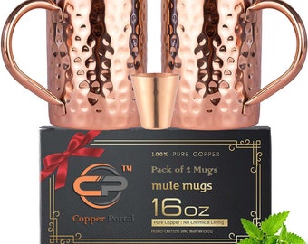 Mugs en cuivre Moscow Mule - Lot de 2 - Mugs en cuivre pur 100 % artisanaux - 16 oz, coffret cadeau avec pailles en cuivre